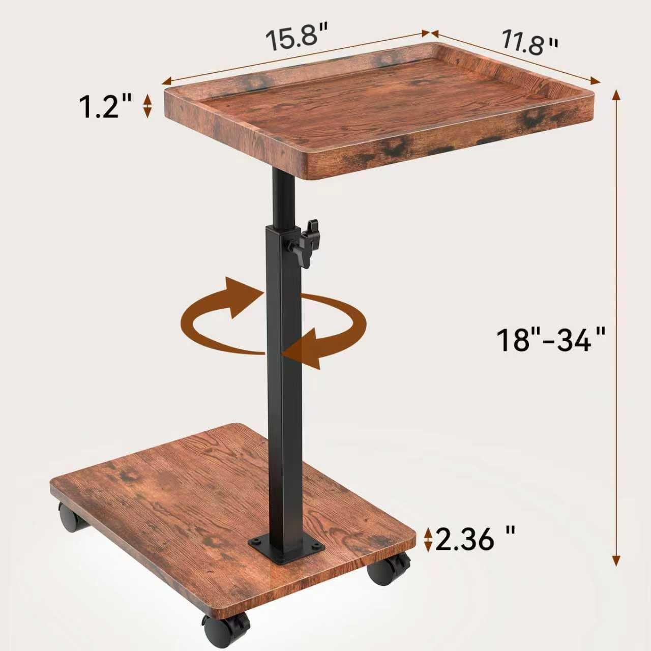 Graphic dimensions showing 15.8x11.8 inch top, 1.2 inch edge and 18"–34" adjustable height