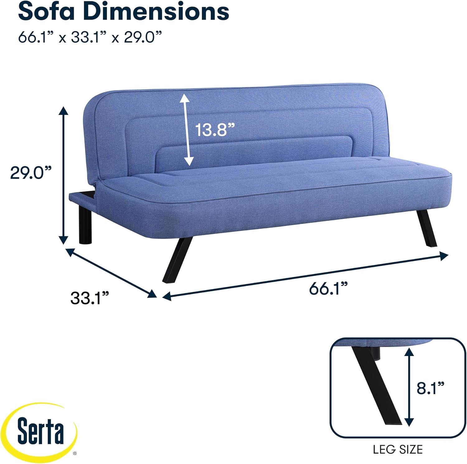 Blue futon sofa with dimension callouts 66.1 x 33.1 x 29.0 inches and leg height 8.1 inches