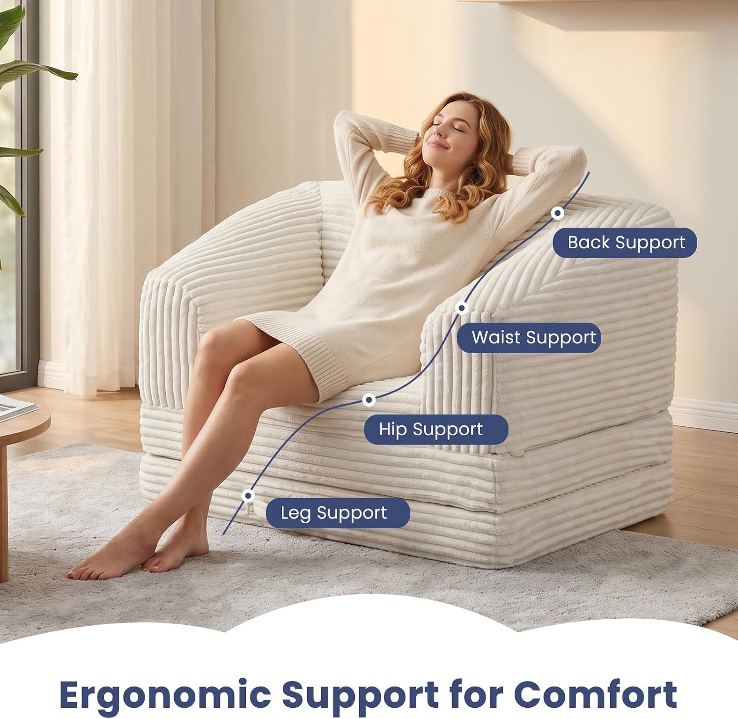 Woman reclining with eyes closed on a cream corduroy floor sofa in a bright living room.