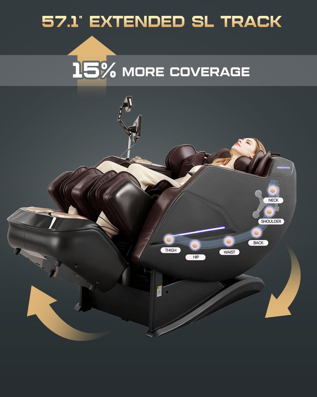 Side view of brown massage chair in recline highlighting a 57.1" extended SL track with coverage points from neck to thigh.