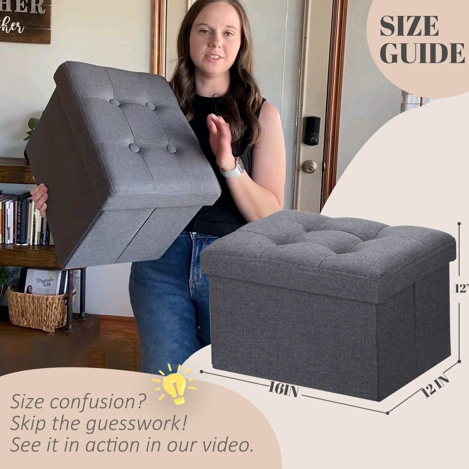 Person holding unfolded dark gray ottoman with diagram showing 16 x 12 x 12 inch dimensions