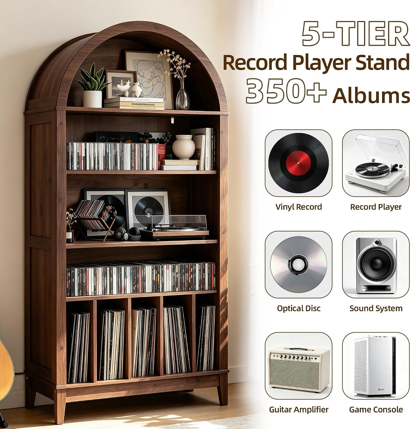 Promotional image of the walnut stand highlighting five tiers, feature icons and a callout showing capacity for 350+ albums