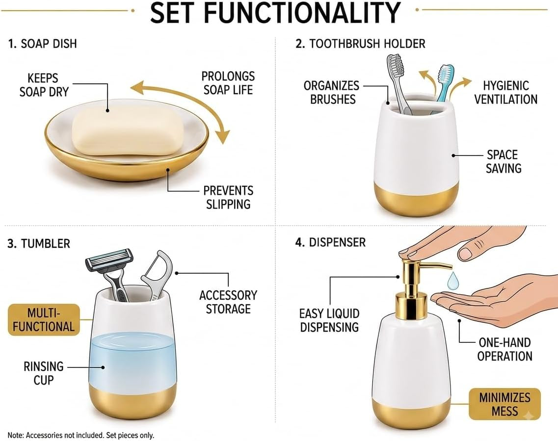 Graphic explaining functionality and labeled features of the soap dish, toothbrush holder, tumbler and dispenser