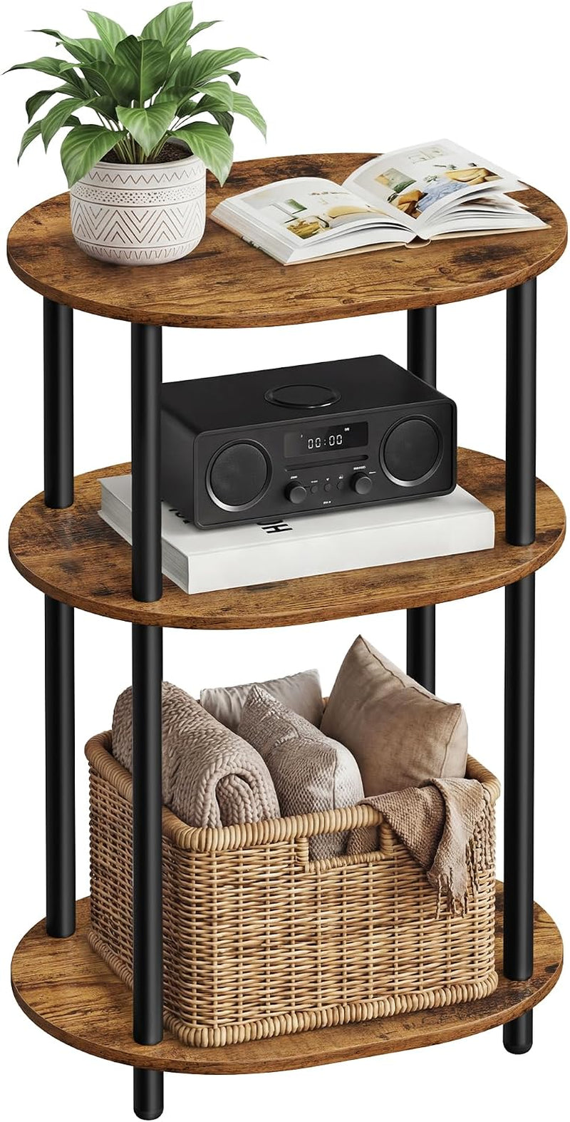 Three-tier oval side table with rustic brown wood shelves and black metal legs, styled with plant, radio and basket.