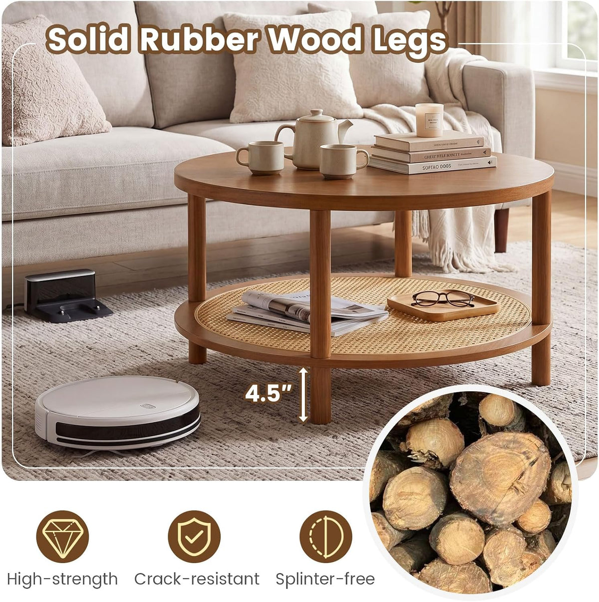 Side view of brown round coffee table highlighting solid wood legs and open rattan lower shelf on rug