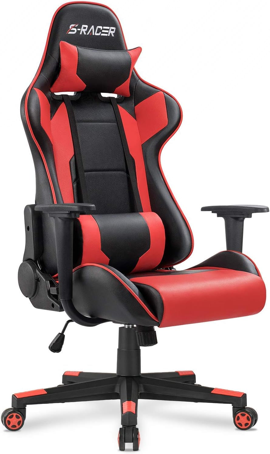 Front three-quarter view of a red and black racing-style office chair with headrest and lumbar pillow
