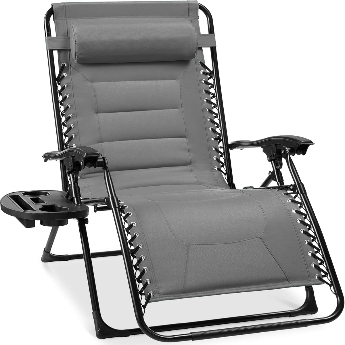Close-up of a gray zero-gravity reclining chair with padded headrest, armrests and side cup-tray