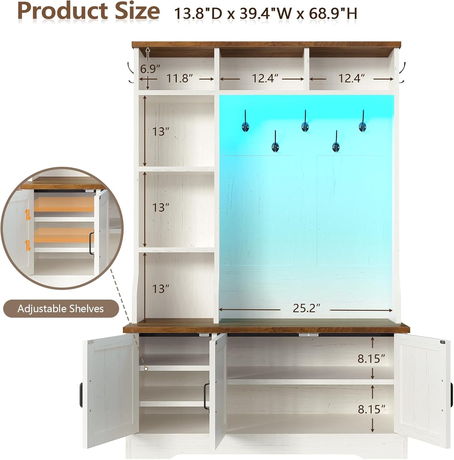 Dimension diagram showing 13.8" depth, 39.4" width and 68.9" height with shelf and cubby measurements