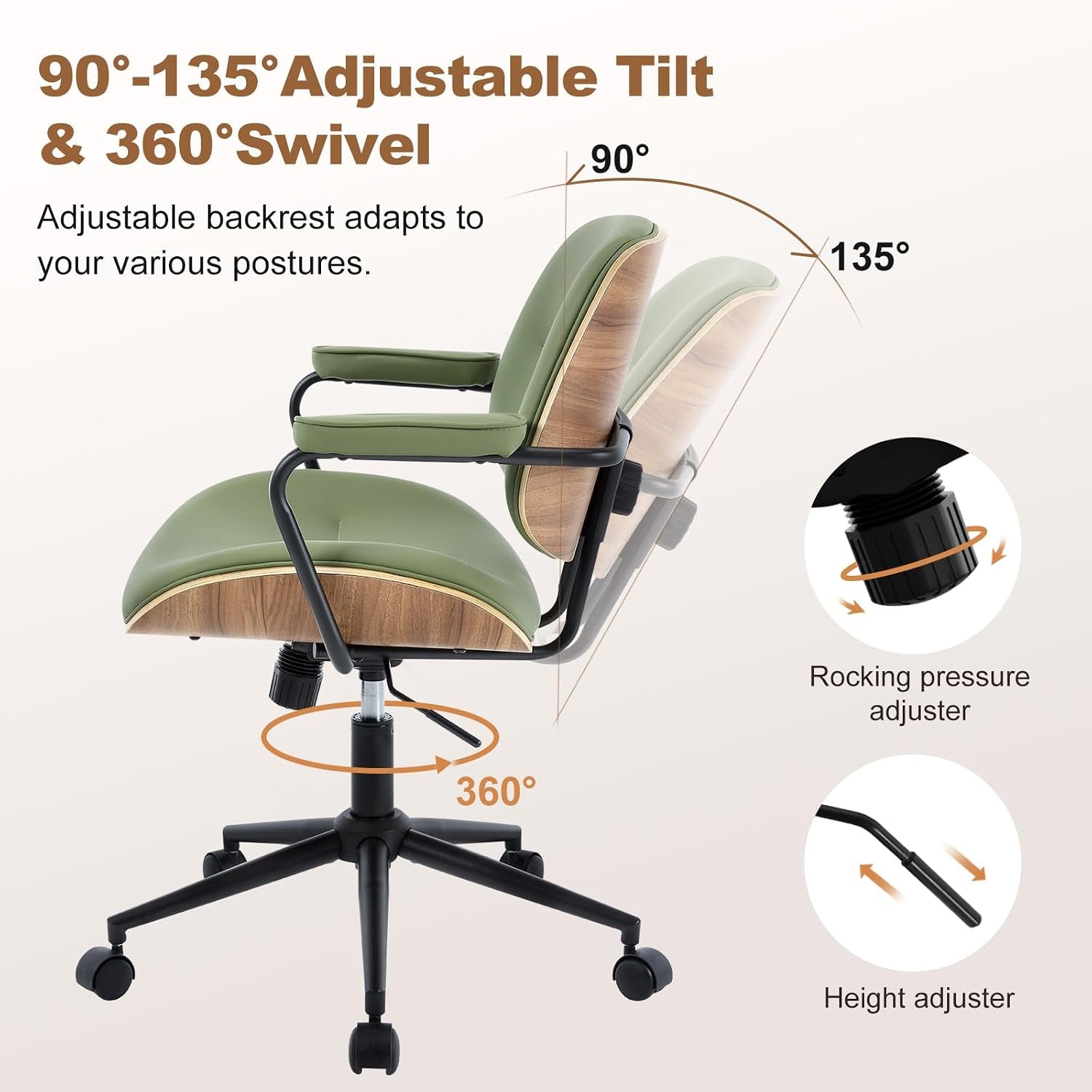 Side view graphic illustrating the adjustable tilt range, 360° swivel, and the height and rocking adjustment controls