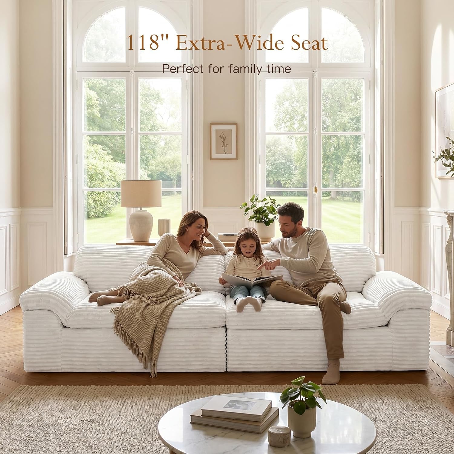 118" Cloud Boneless Couch, 3 Seater Corduroy Sofa, Beige | Modular Sectional Sofa, High-Density Foam, No Assembly Required, Curved Armrest, Apartment, Bedroom, Deep Seat, Pet-Friendly