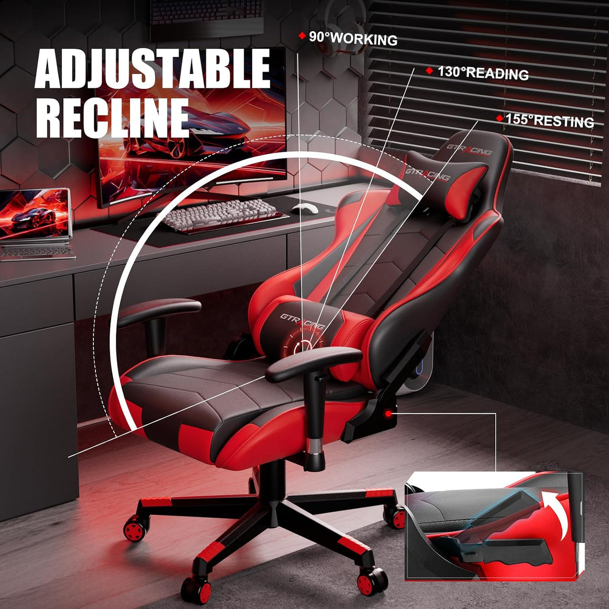 Red-and-black gaming chair shown reclined in a dark desk setup, with overlay lines and angle markers illustrating adjustable