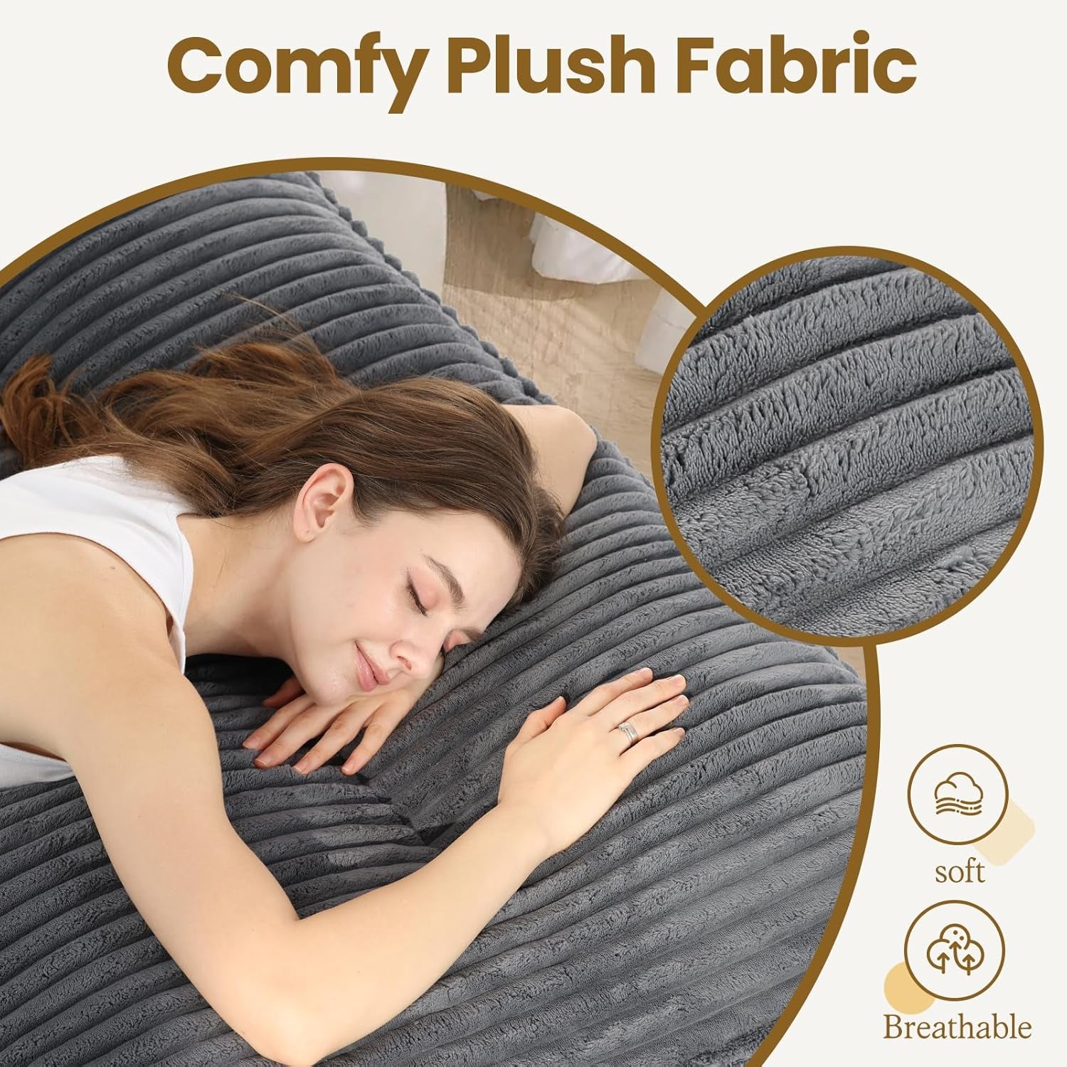 Woman resting on the plush grey ribbed faux fur surface highlighting fabric texture