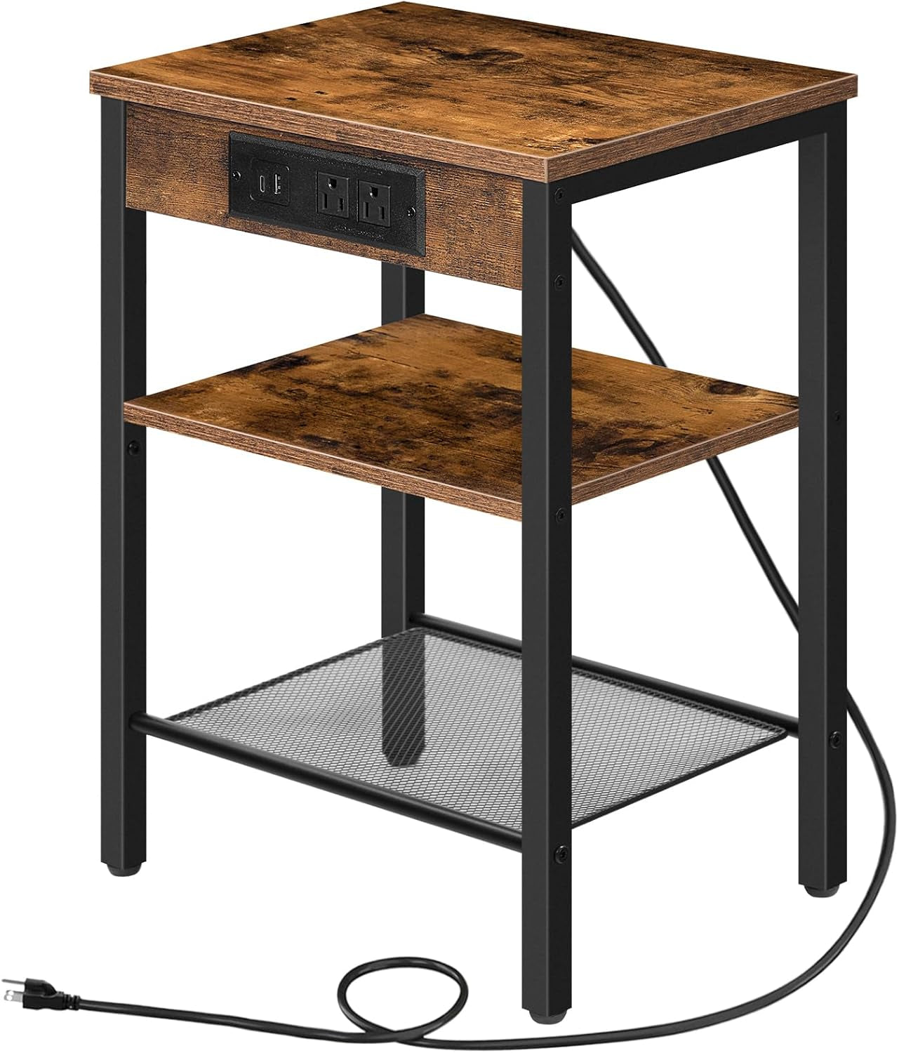 Rustic brown wood-look top with black metal frame and mesh lower shelf, front angled view showing power cord