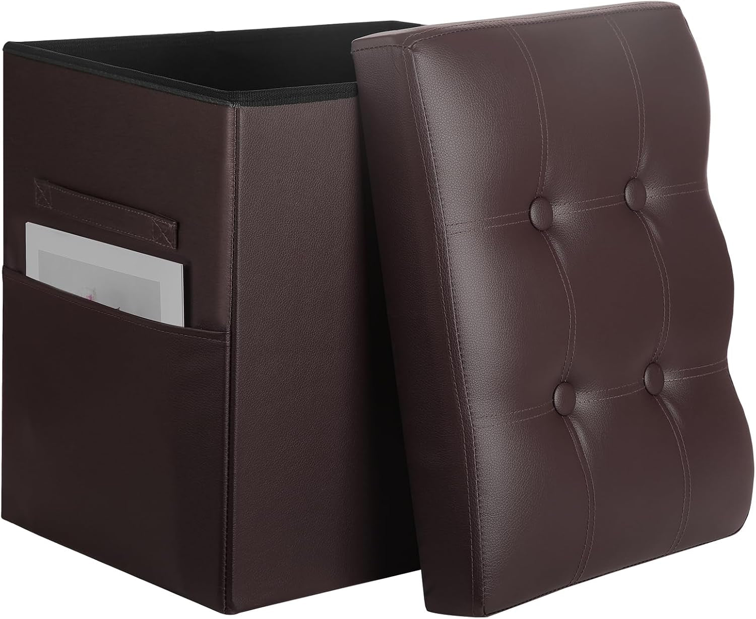 Brown foldable storage ottoman with cushioned tufted lid leaning and side pocket holding a thin magazine
