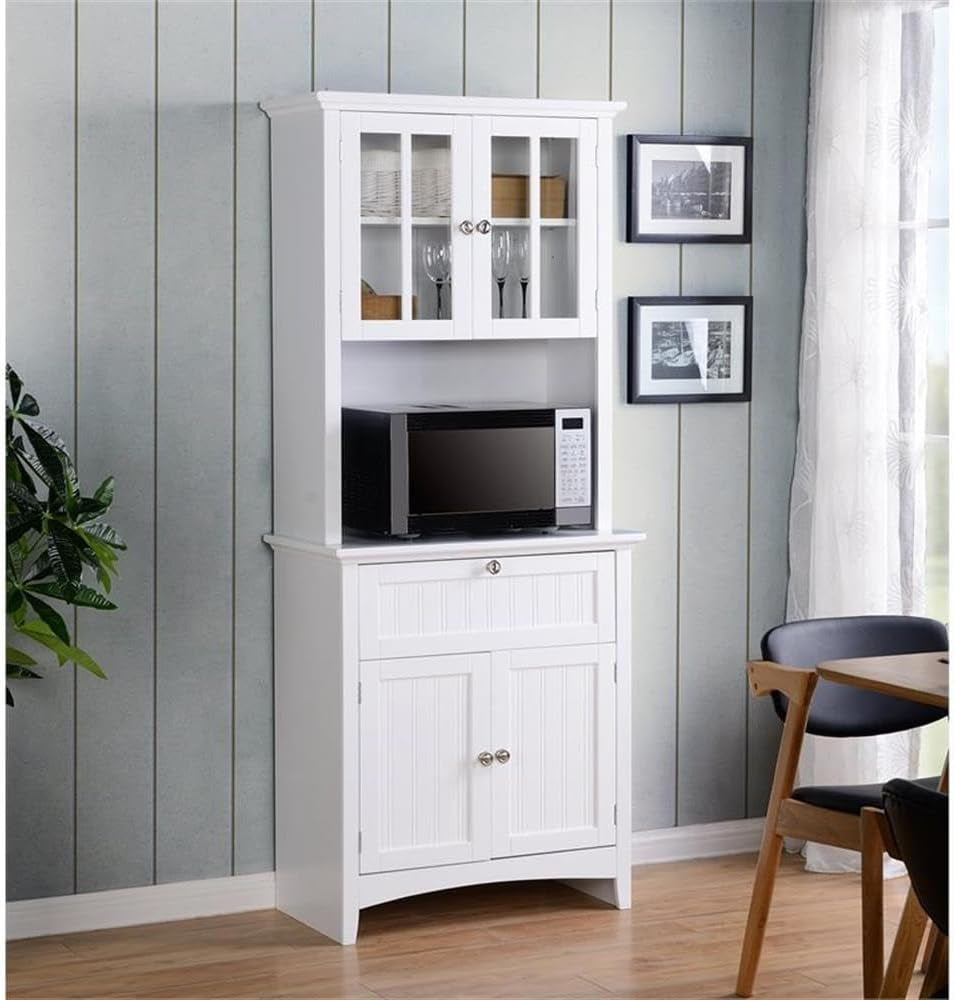 White buffet and hutch styled in a dining nook with microwave on the work surface