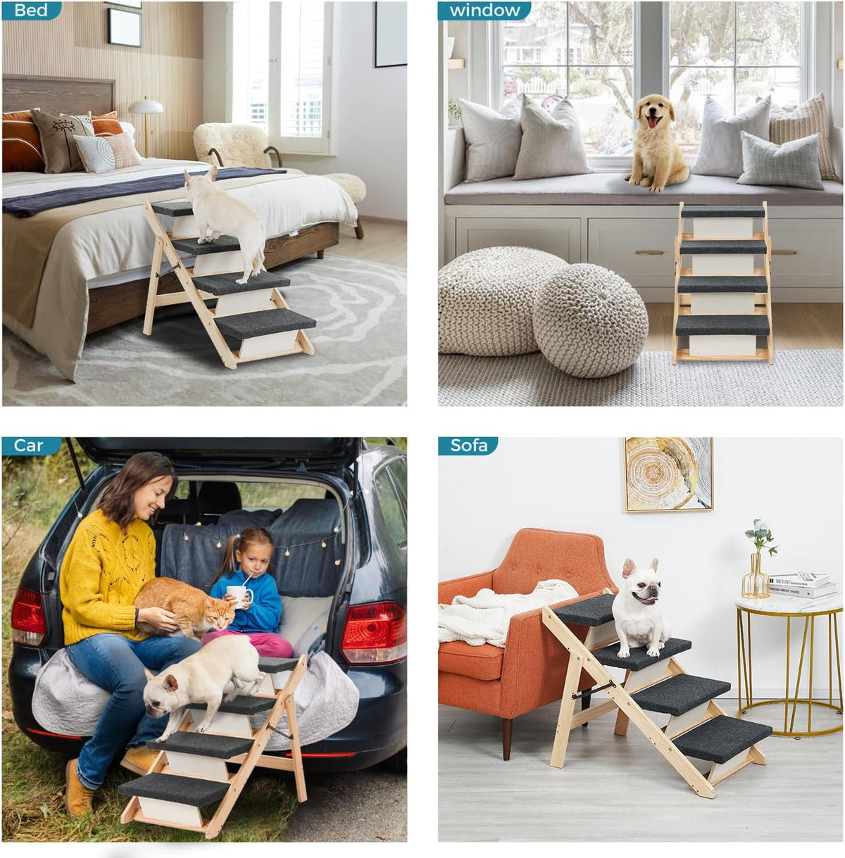 Four lifestyle scenes showing the stairs by a bed, at a window seat, in a car trunk, and beside a sofa.
