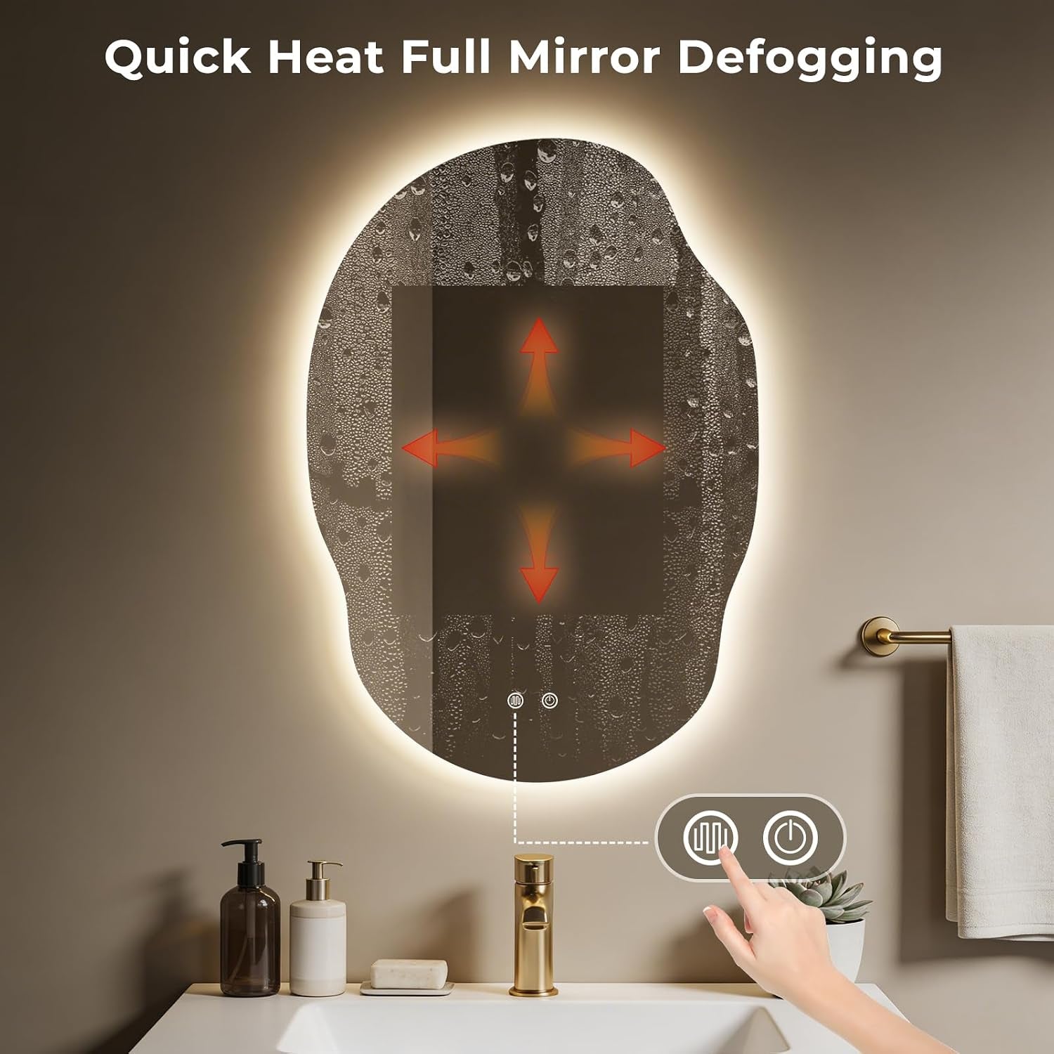 Mirror with water droplets and central heated area indicated by arrows, hand pointing to a touch control for defogging.