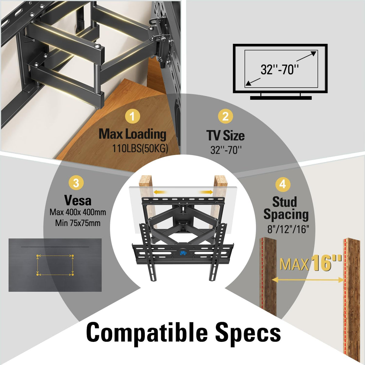 Close overhead and front views of the articulating mount showing arms, VESA pattern diagram, and stud spacing illustration.