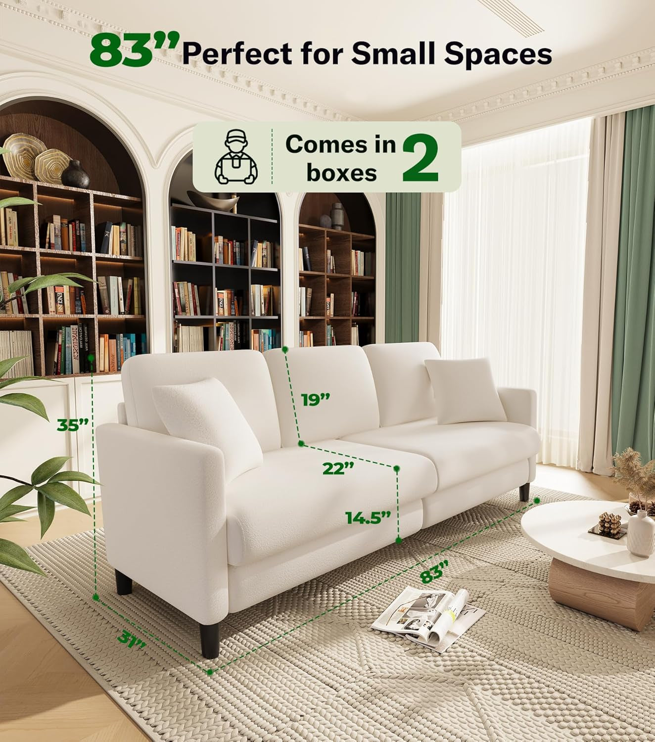 Cream teddy sofa 83-inch front three-quarter view with green dimension callouts showing 83", 35" and 31"