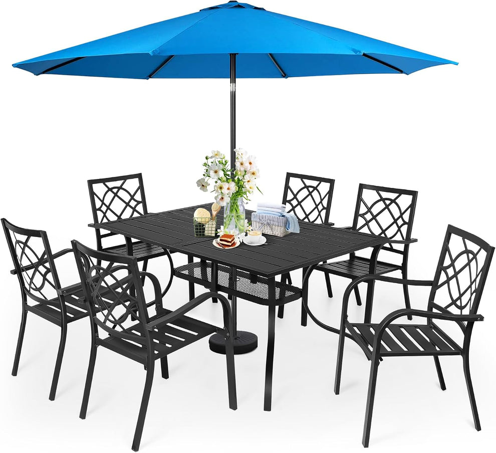 Rectangular black table surrounded by six matching chairs under a large bright blue umbrella on a white background.