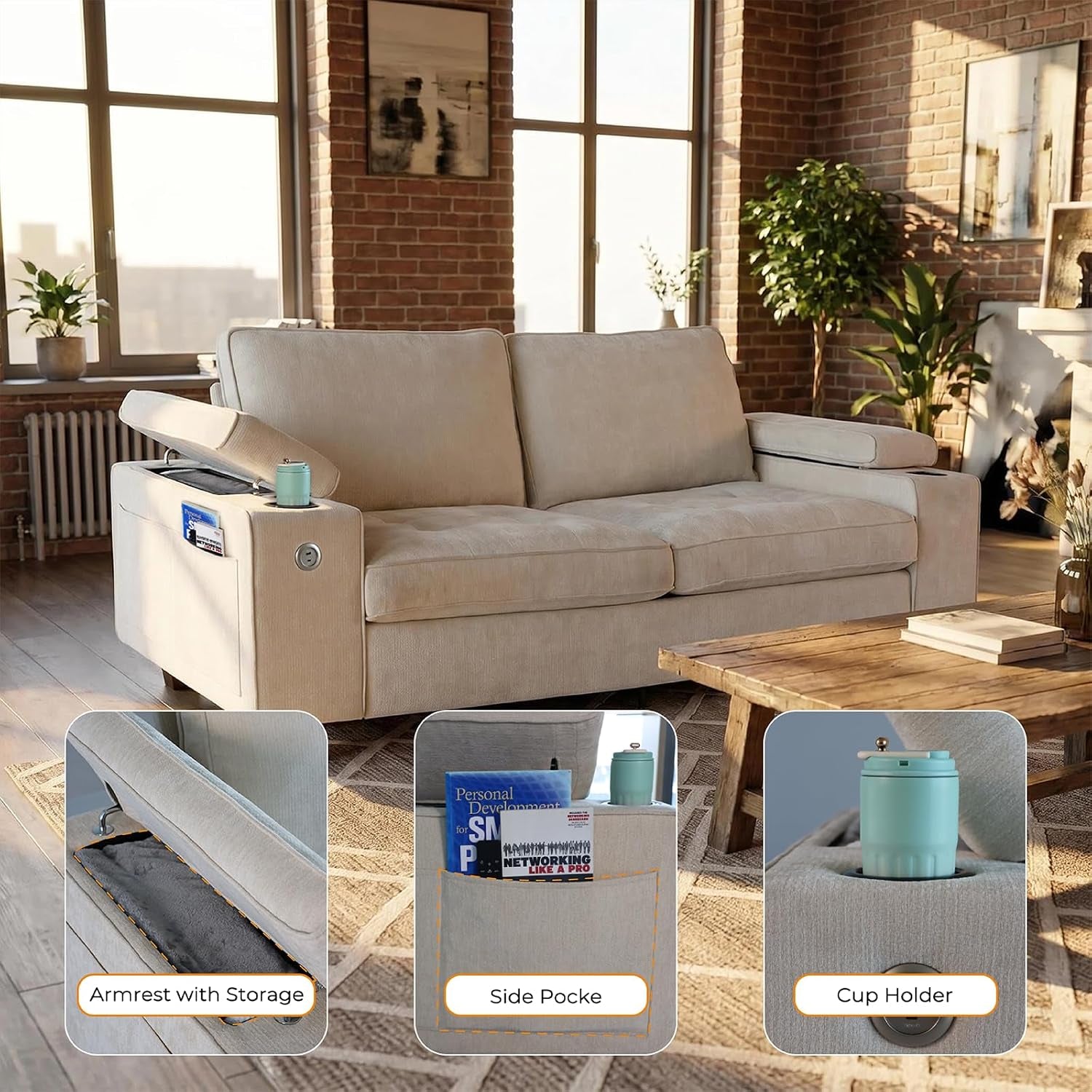 Beige loveseat in living room with one armrest open to reveal storage and insets showing armrest storage, side pocket and cup