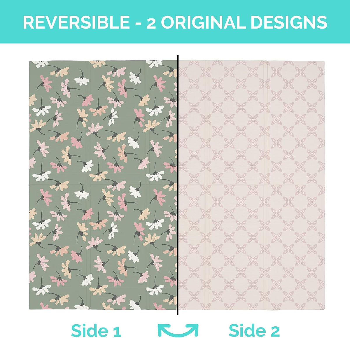 Flat view split to show two reversible sides: green floral pattern on left and pale geometric pattern on right