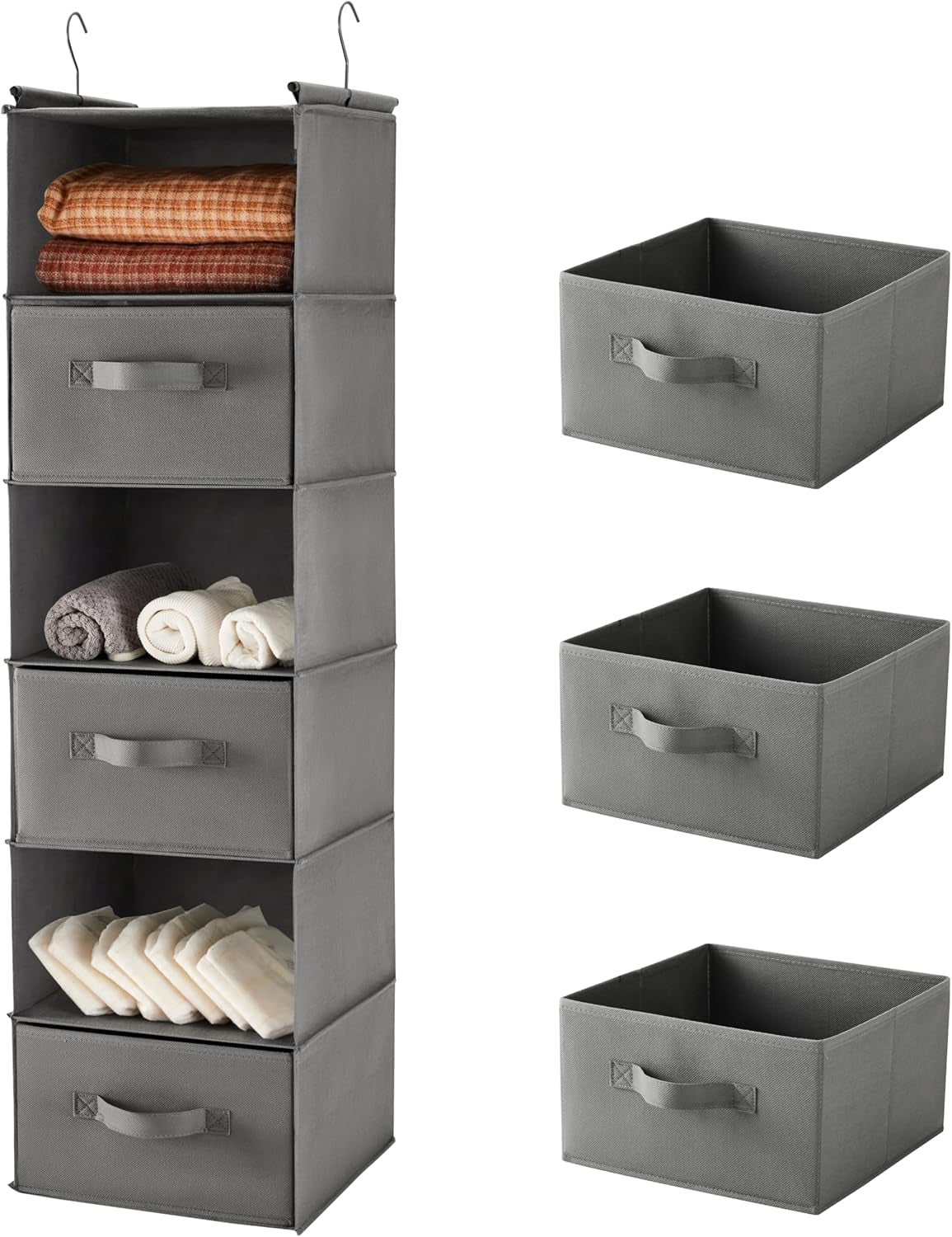 Tall grey six-tier hanging organizer shown filled, with three matching grey fabric storage bins stacked to the right.