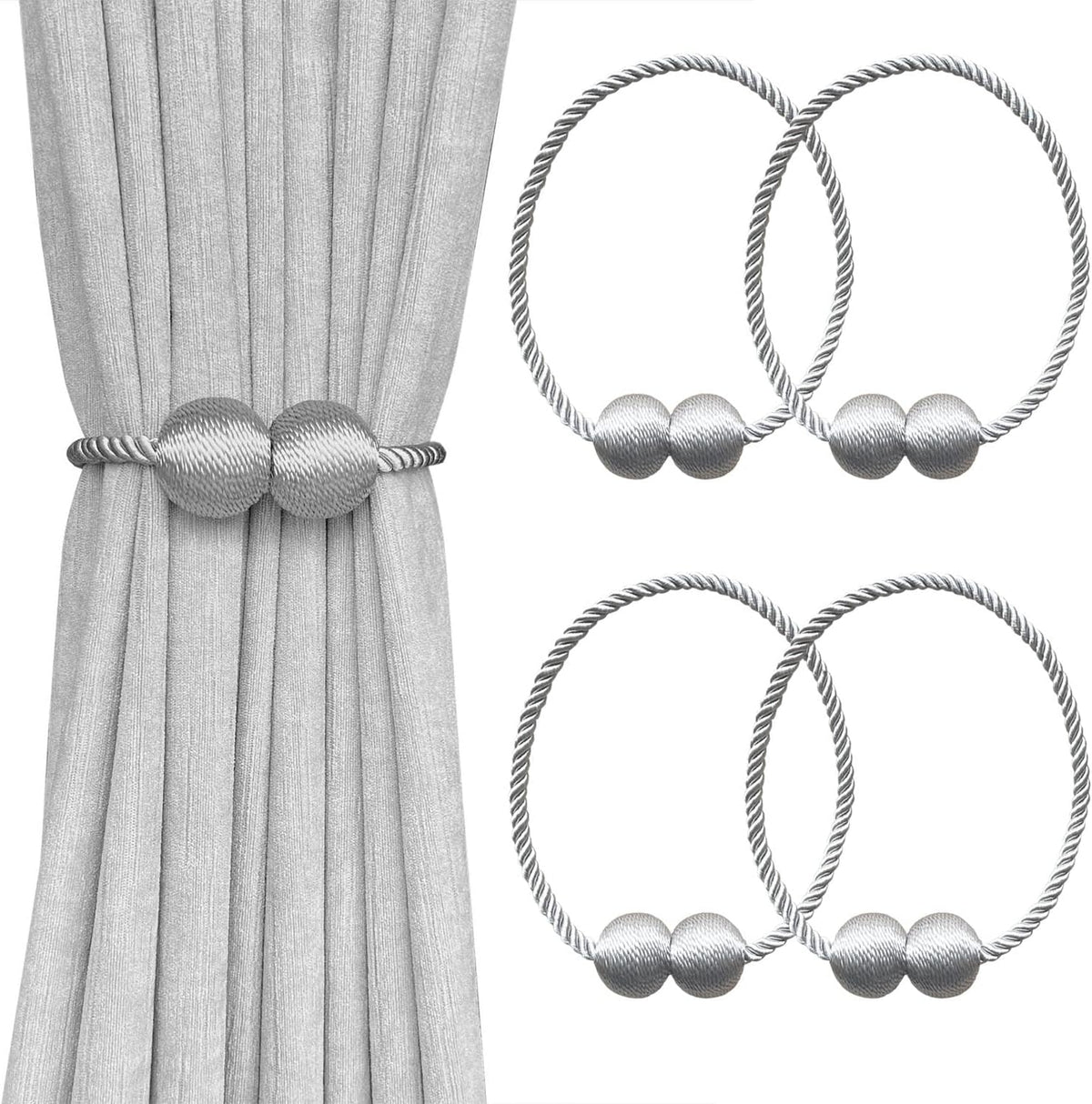 Left: pleated curtain cinched by a silver twisted-rope tieback with two round pearl-like balls; right: three matching
