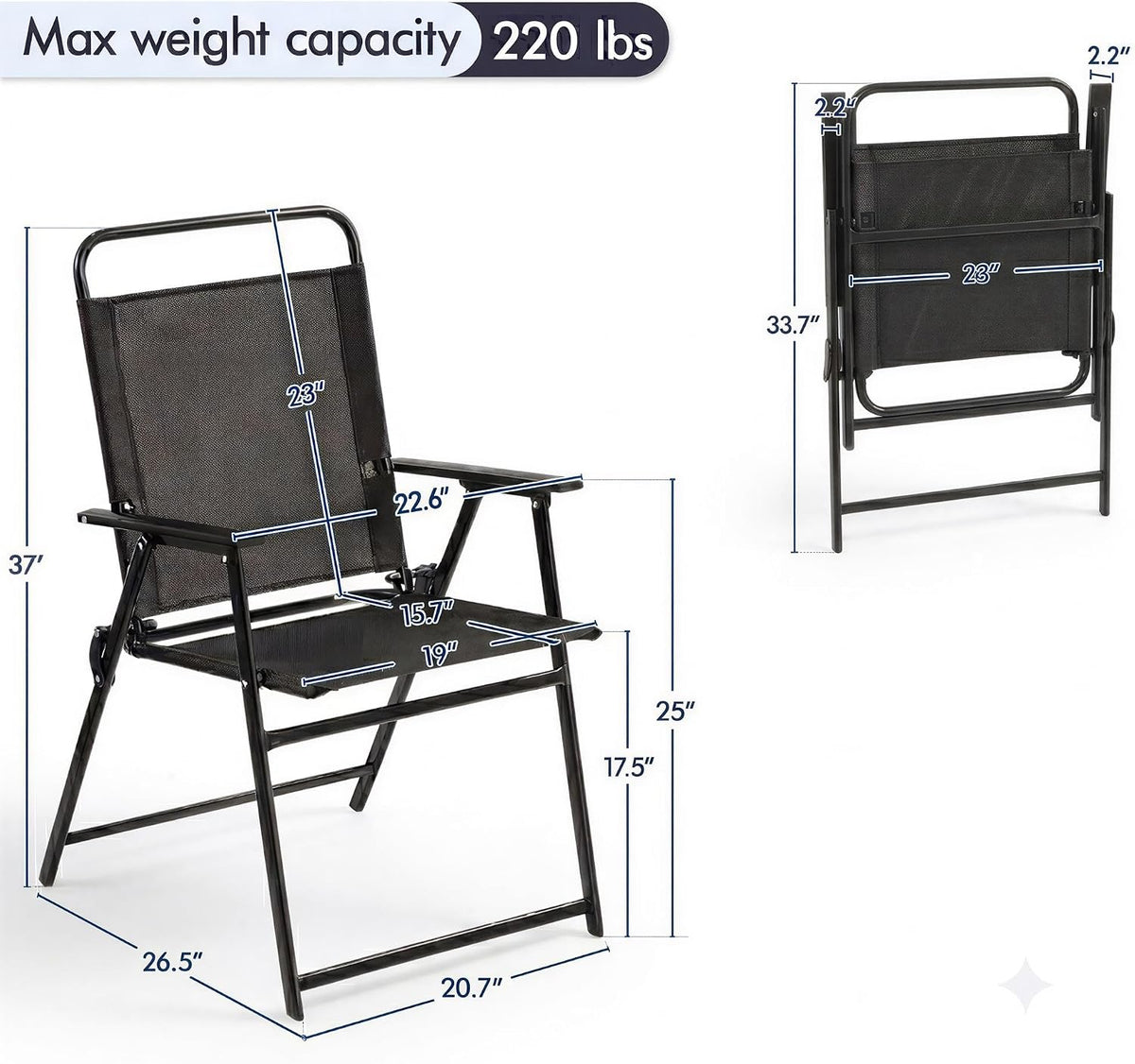 Black folding patio chair with dimension overlays showing seat, backrest and folded measurements