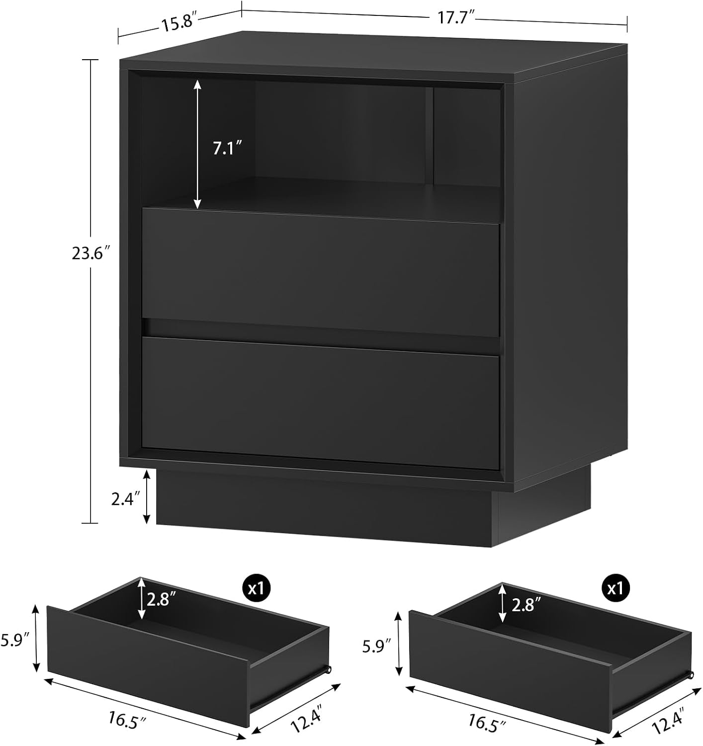 Diagram front view with measurements showing 17.7" width, 15.7" depth and 23.6" height and drawer dimensions