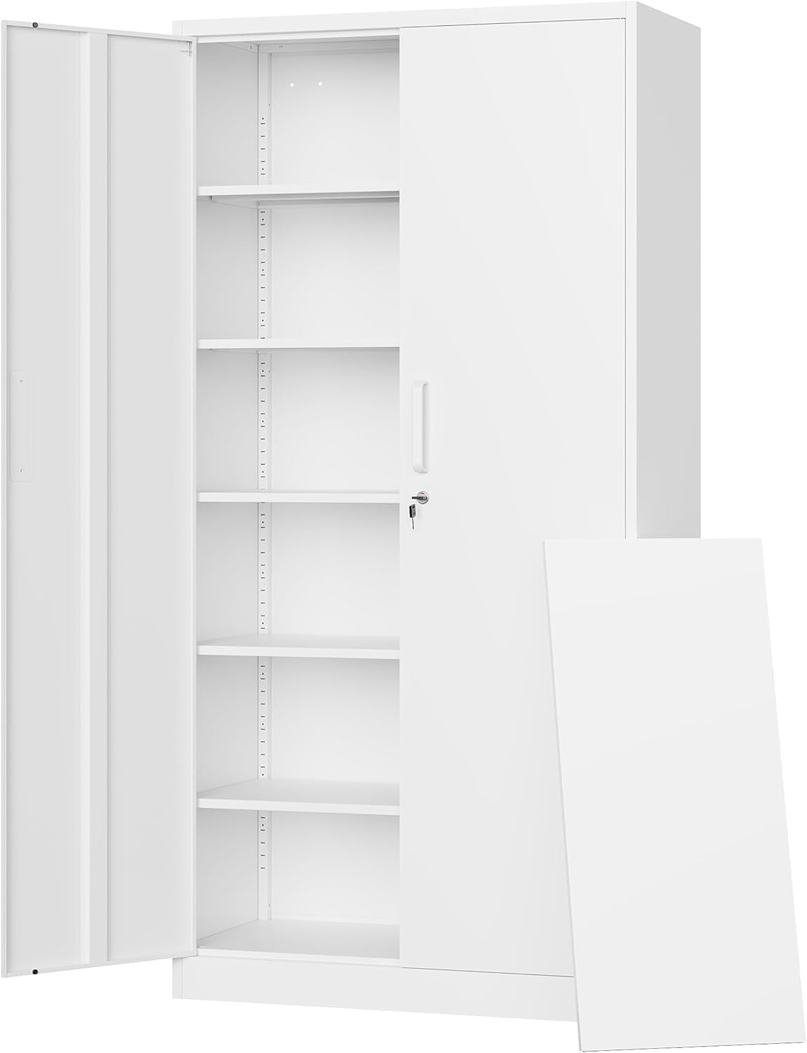 White tall metal storage cabinet with one door open showing five shelves and a removable panel leaning at side.