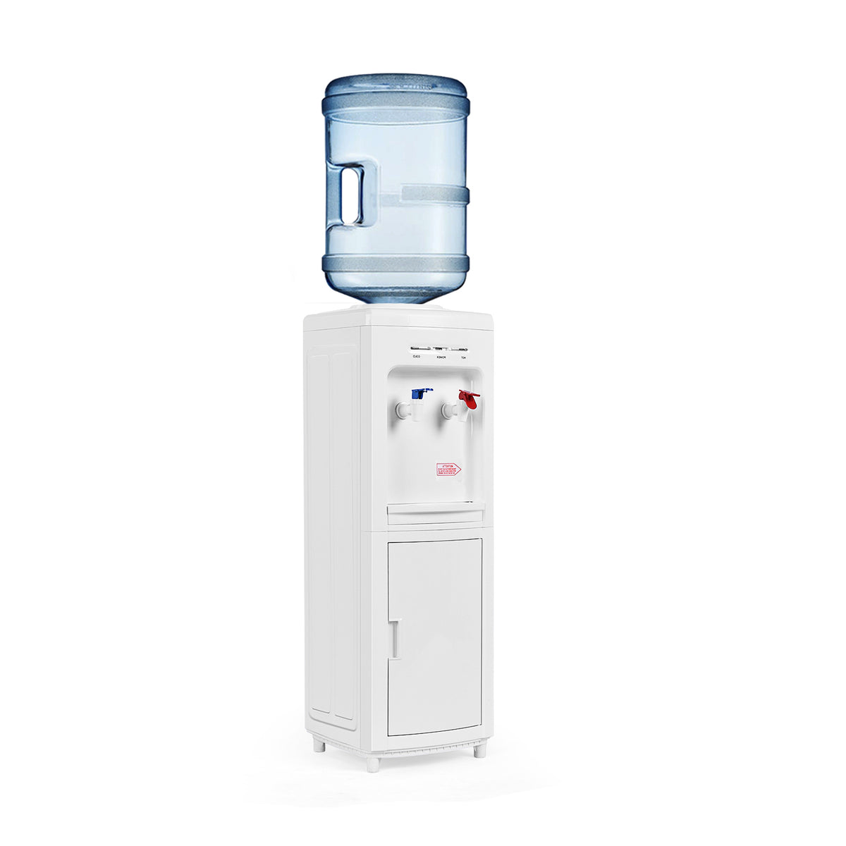 Three-quarter view of a white water cooler with a blue bottle against a plain background.