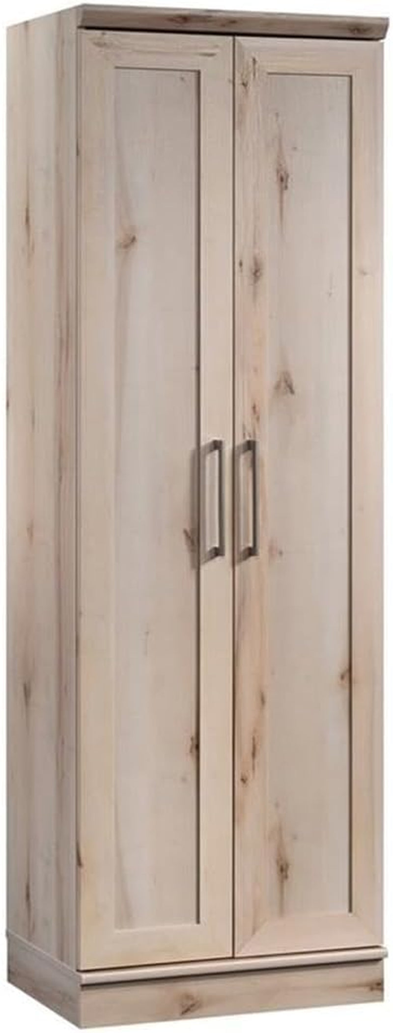 Tall two-door storage cabinet in a weathered beige wood finish with brushed metal handles.