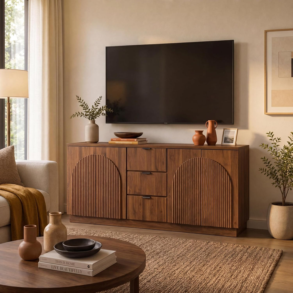 Walnut sideboard beneath wall-mounted TV, front view with decorative vases on top