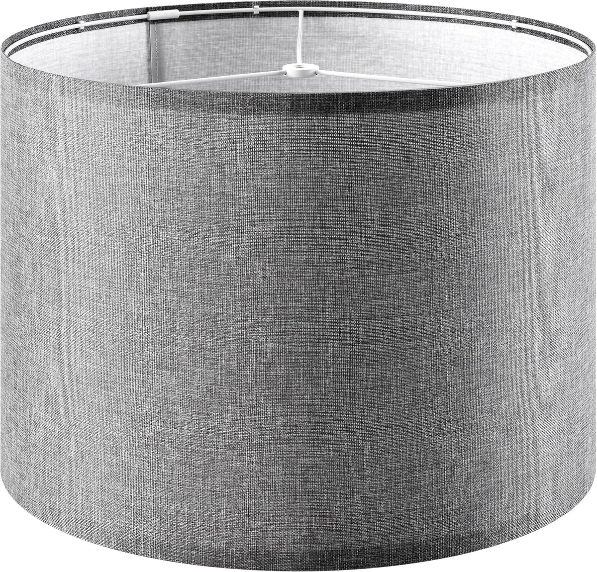 Tight crop of a textured gray linen drum lampshade showing the weave and internal spider fitter.