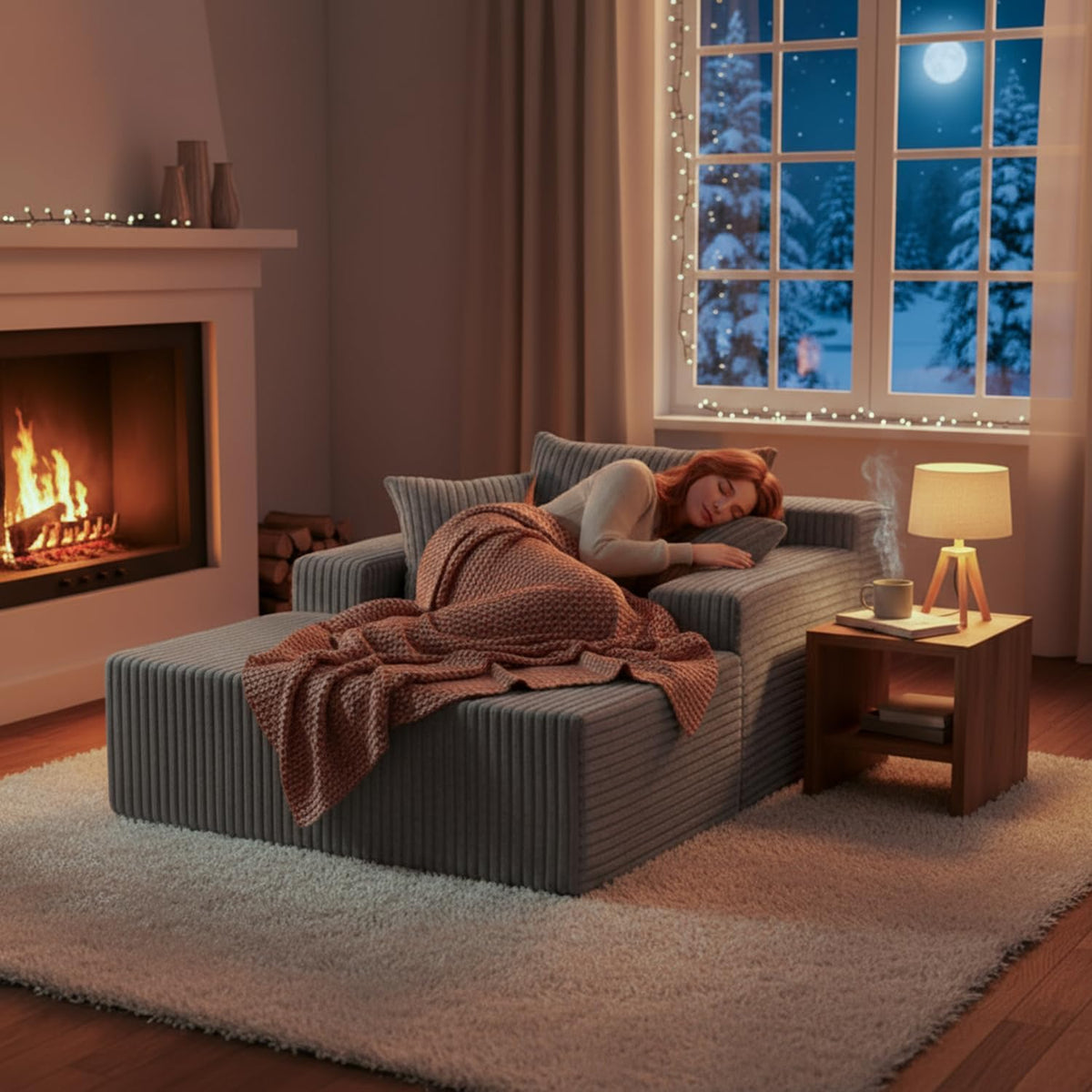 Grey corded fabric chaise lounge in a cozy living room scene with a person sleeping beside a fireplace.