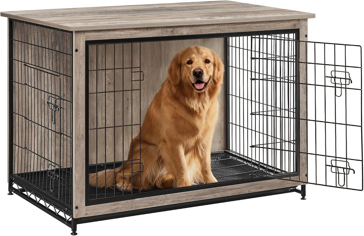 Light wood-finish dog crate photographed on white background with a golden retriever inside