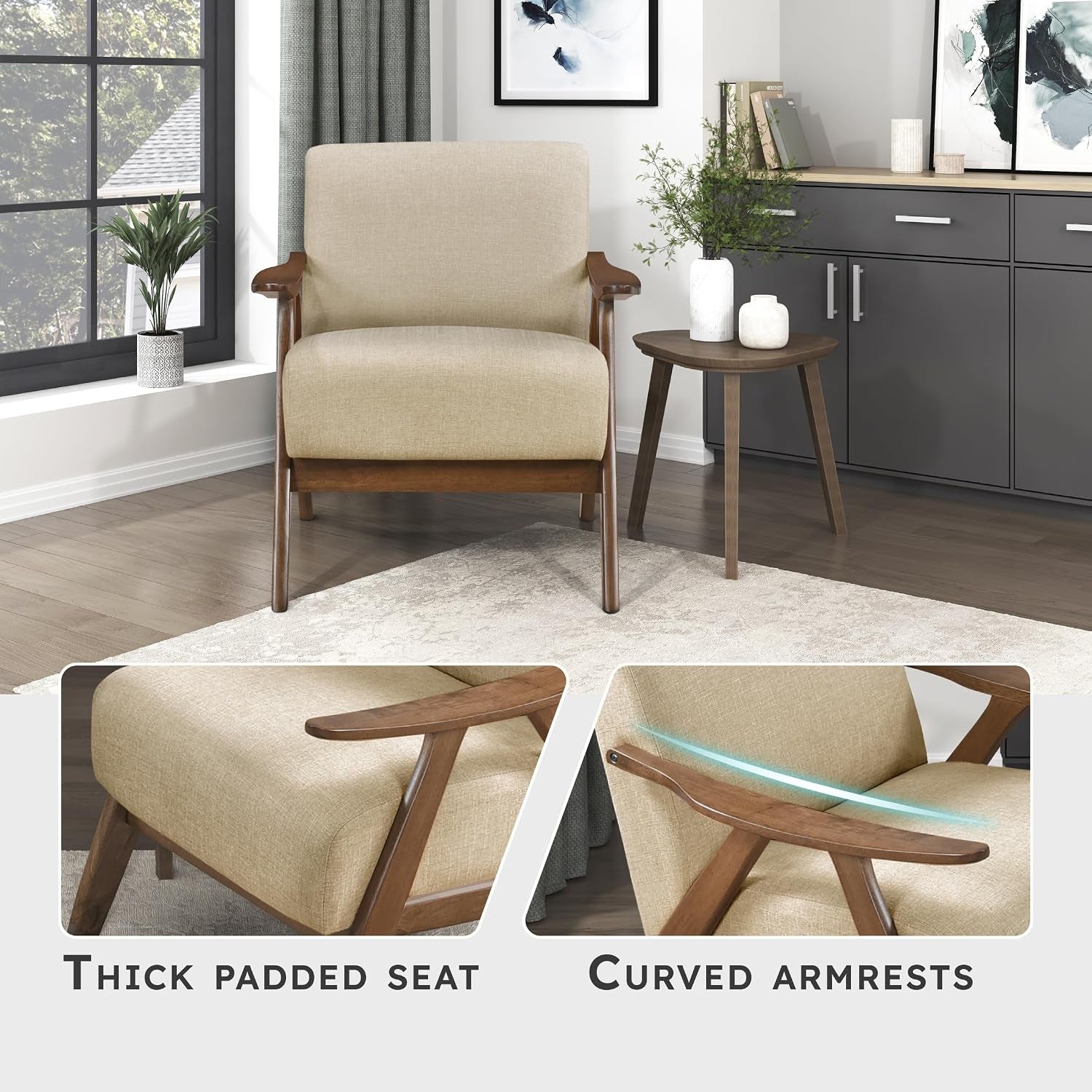Beige accent chair in a room scene with close-up insets of thick padded seat and curved armrests