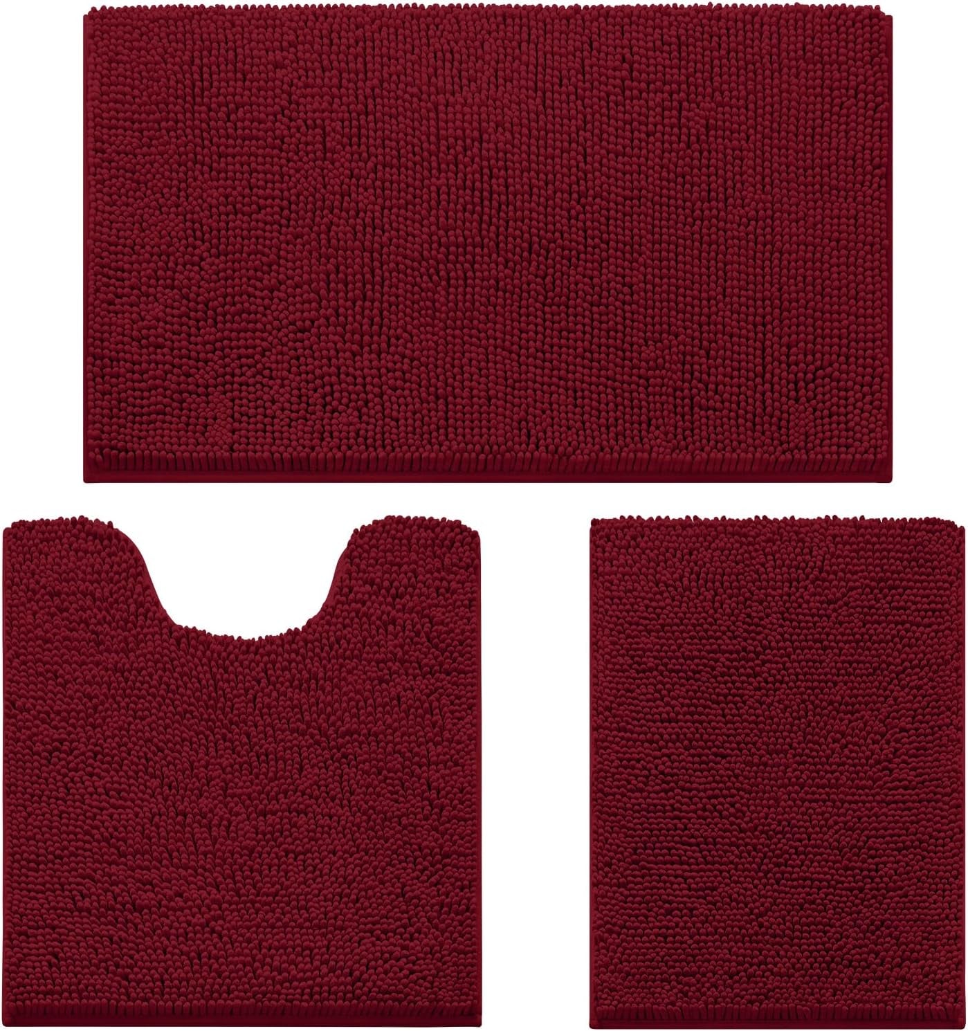 Three-piece chenille bathroom rug set in deep burgundy displayed on white