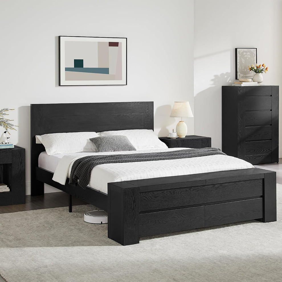 Black finish platform bed shown in a bedroom with headboard and full-width footboard storage bench