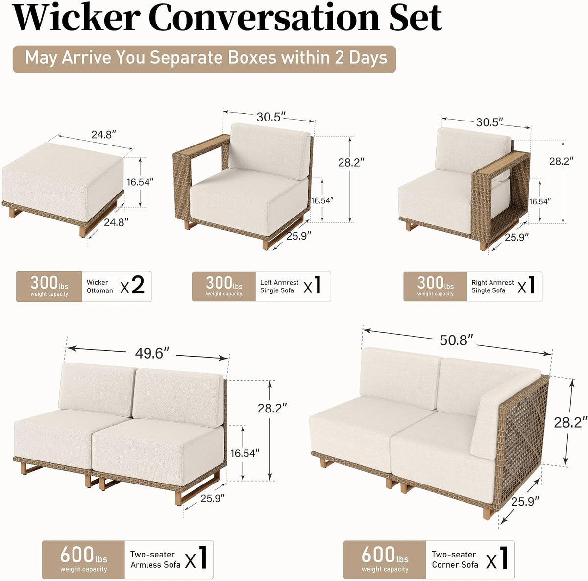 Diagram collage illustrating the modular pieces and measurements for ottoman, single seats, and two-seater components