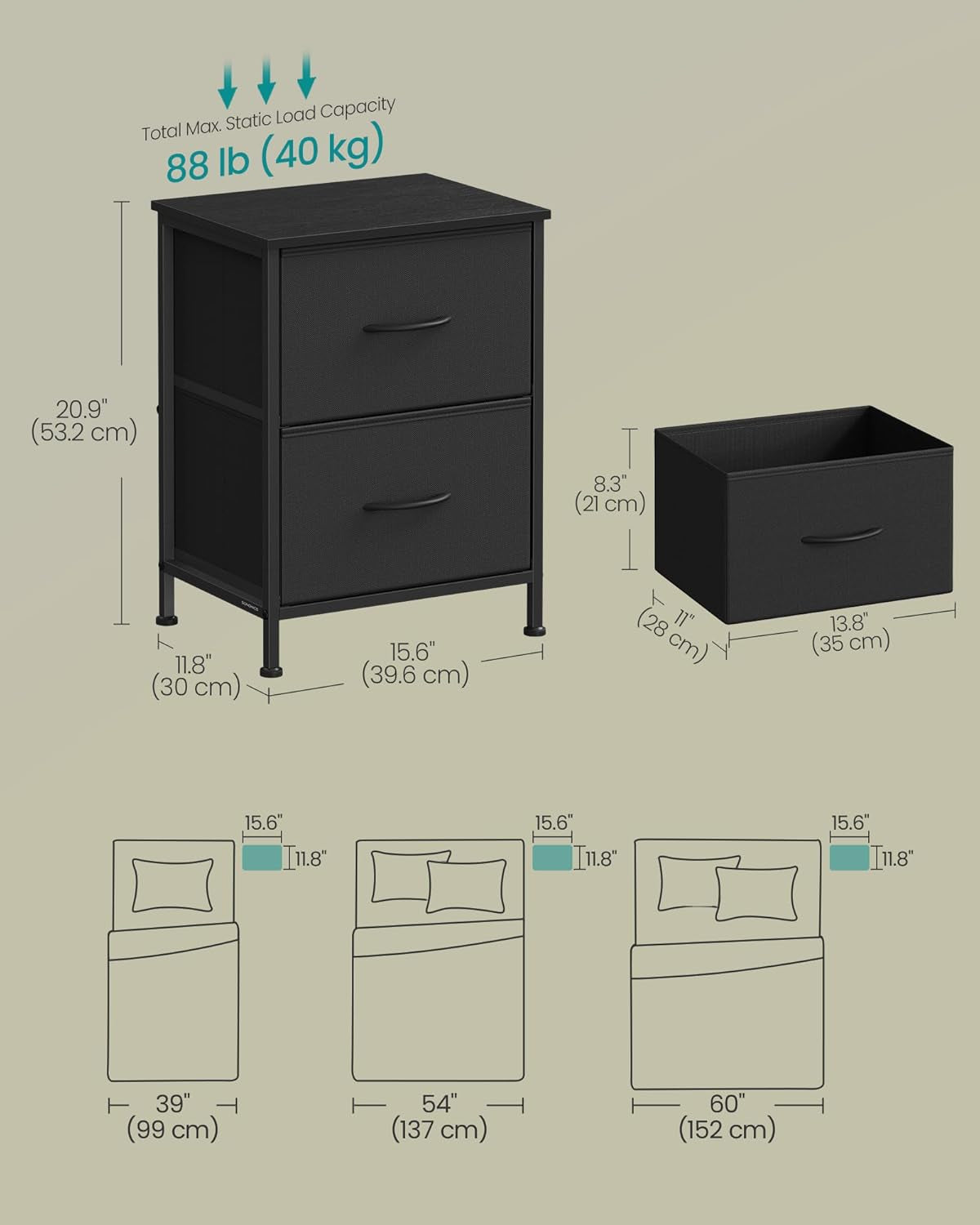 Graphic with product dimensions and a single drawer size diagram in black finish