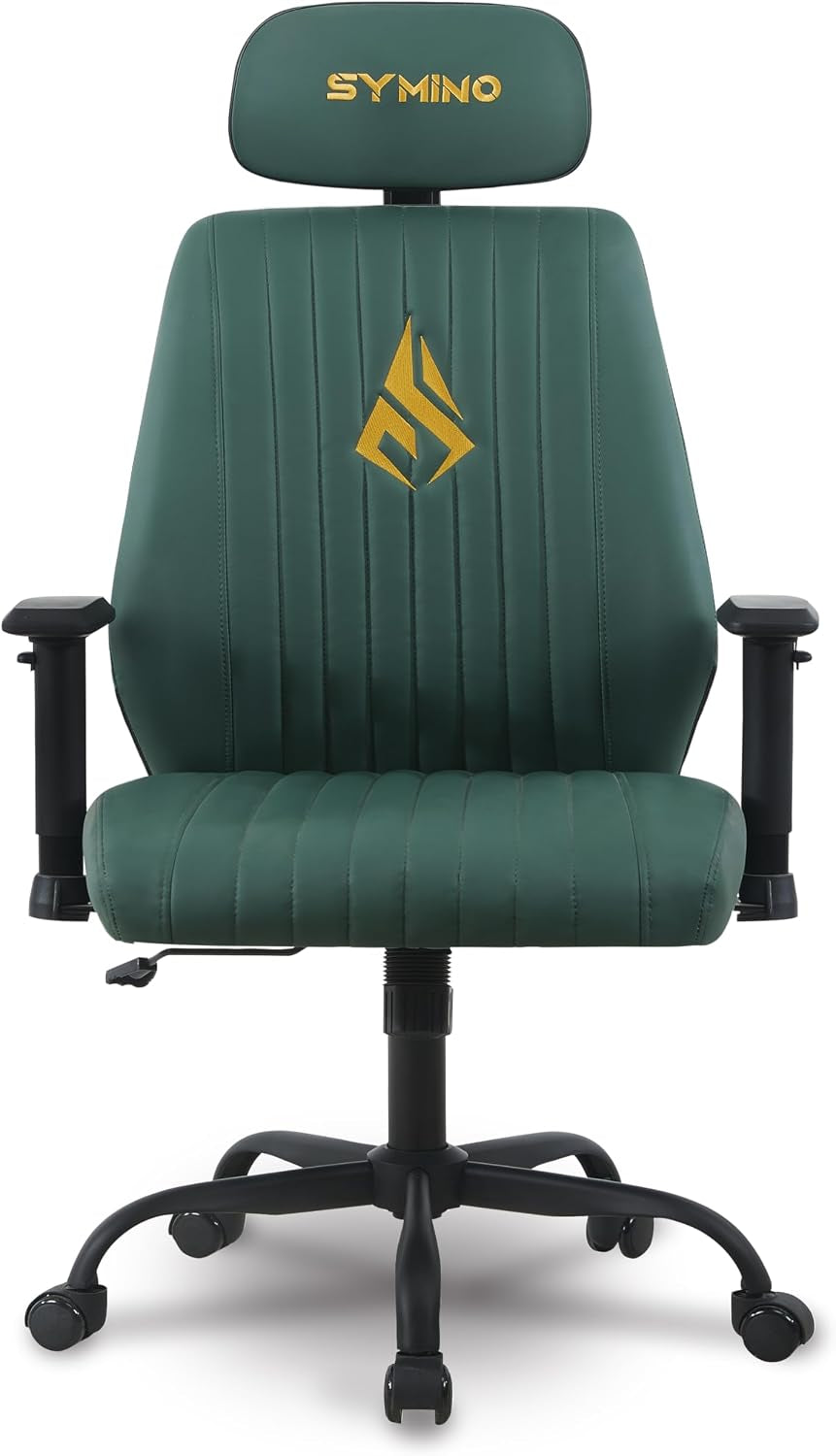 Front view of a green high-back office chair with vertical stitched panels and adjustable armrests.