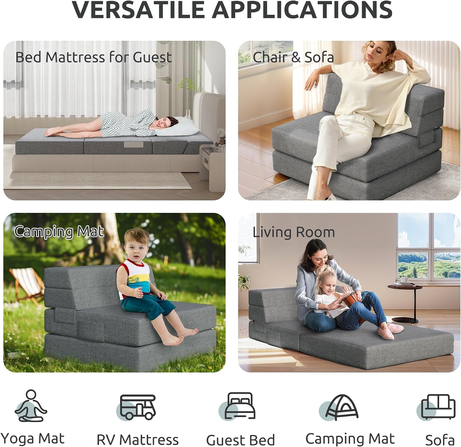 Four-scene collage showing mattress used as guest bed, chair and sofa, camping mat, and living room lounger