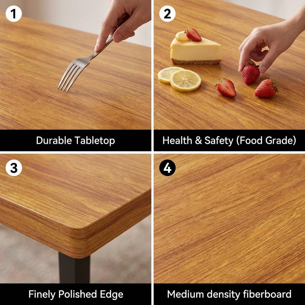 Four-panel collage showing scratch test, food items on surface, rounded edge, and woodgrain texture.