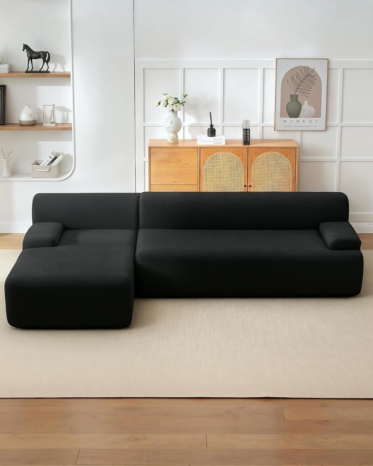 Oversized 108" Corduroy Cloud Sectional, Left-Facing Chaise Boneless Modular Sofa, Soft Deep Lounger for Living Room, No Assembly Needed