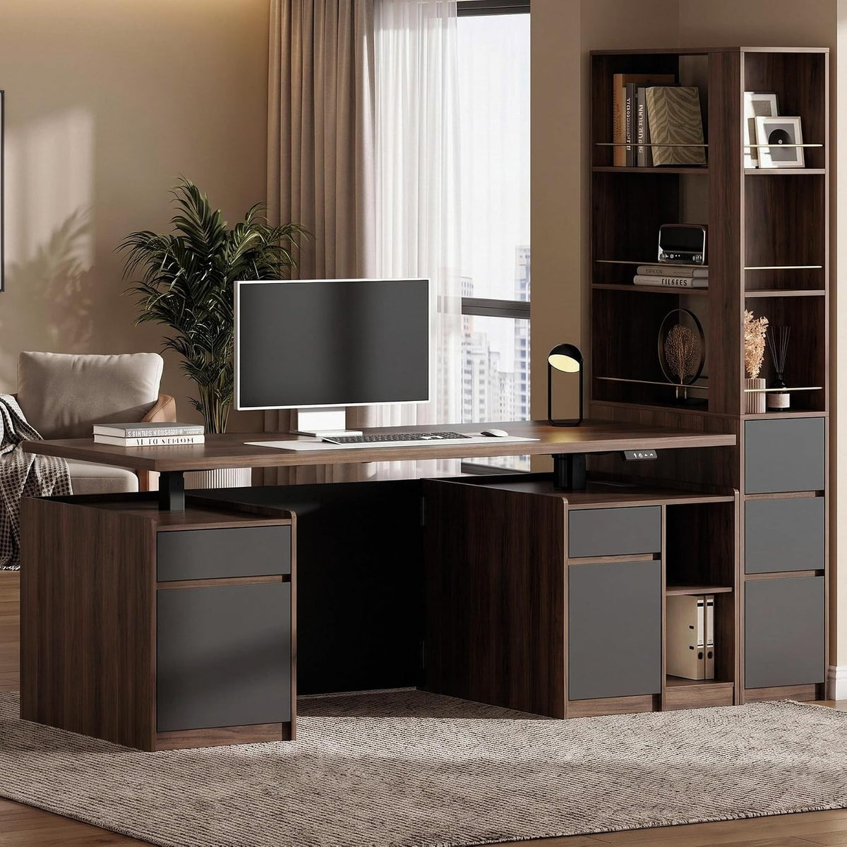 Walnut 71-inch height-adjustable desk and matching narrow bookcase angled front view in styled home office