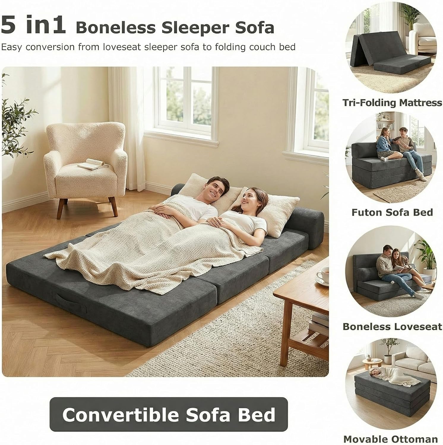 Grey tri-fold futon mattress unfolded on floor with two people lying on it