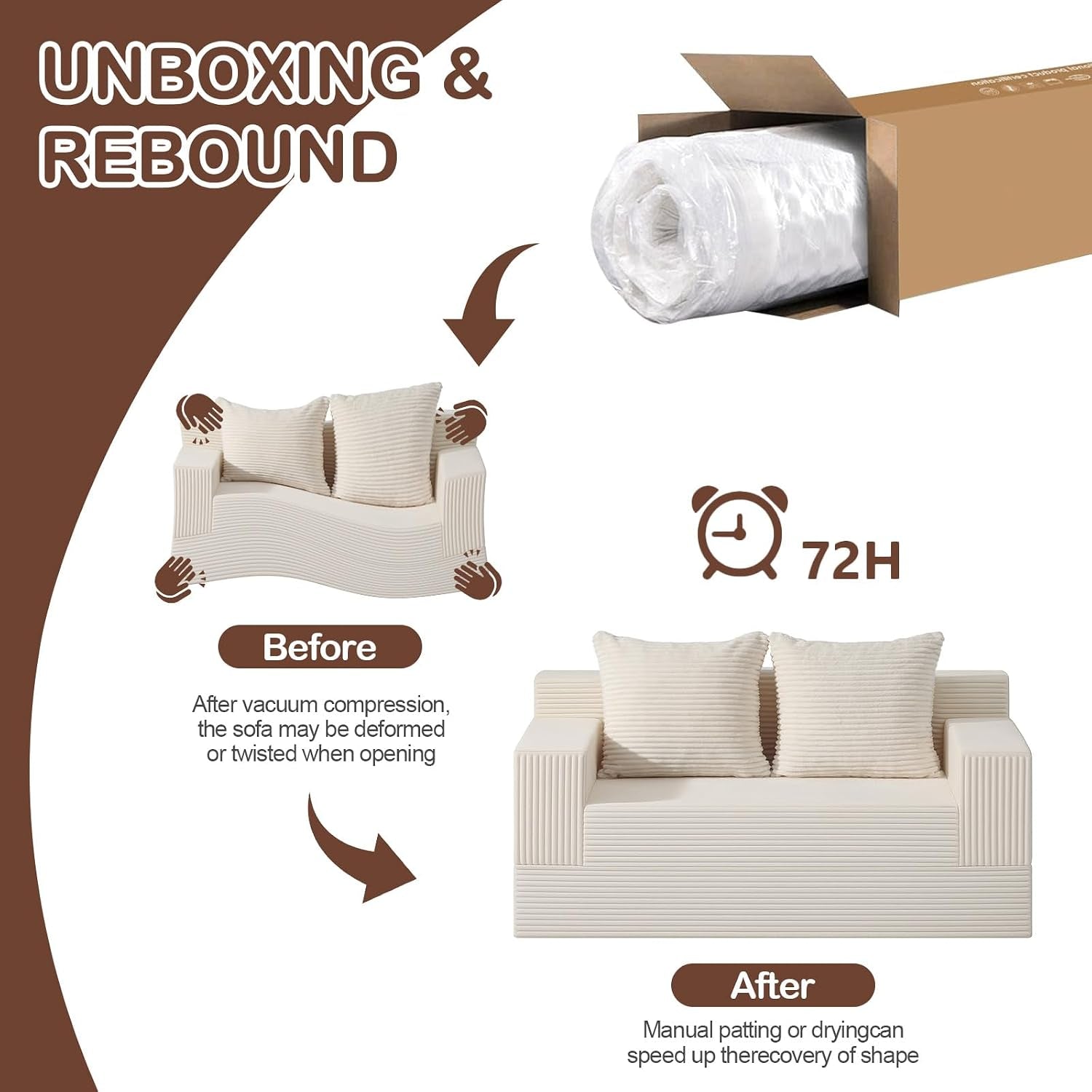 Boneless Loveseat Couch Folding Sofa Bed, Foldable Floor Futon Sleeper Couch Bed - Convertible Sofa Bed, Corduroy Pull Out Sofa Bed with 2 Pillows for Living Room & Bedroom