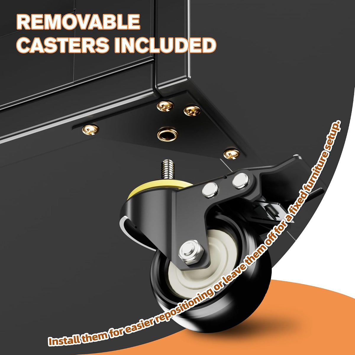 Close-up of a black swivel caster with threaded stem and a foot-lock brake detail